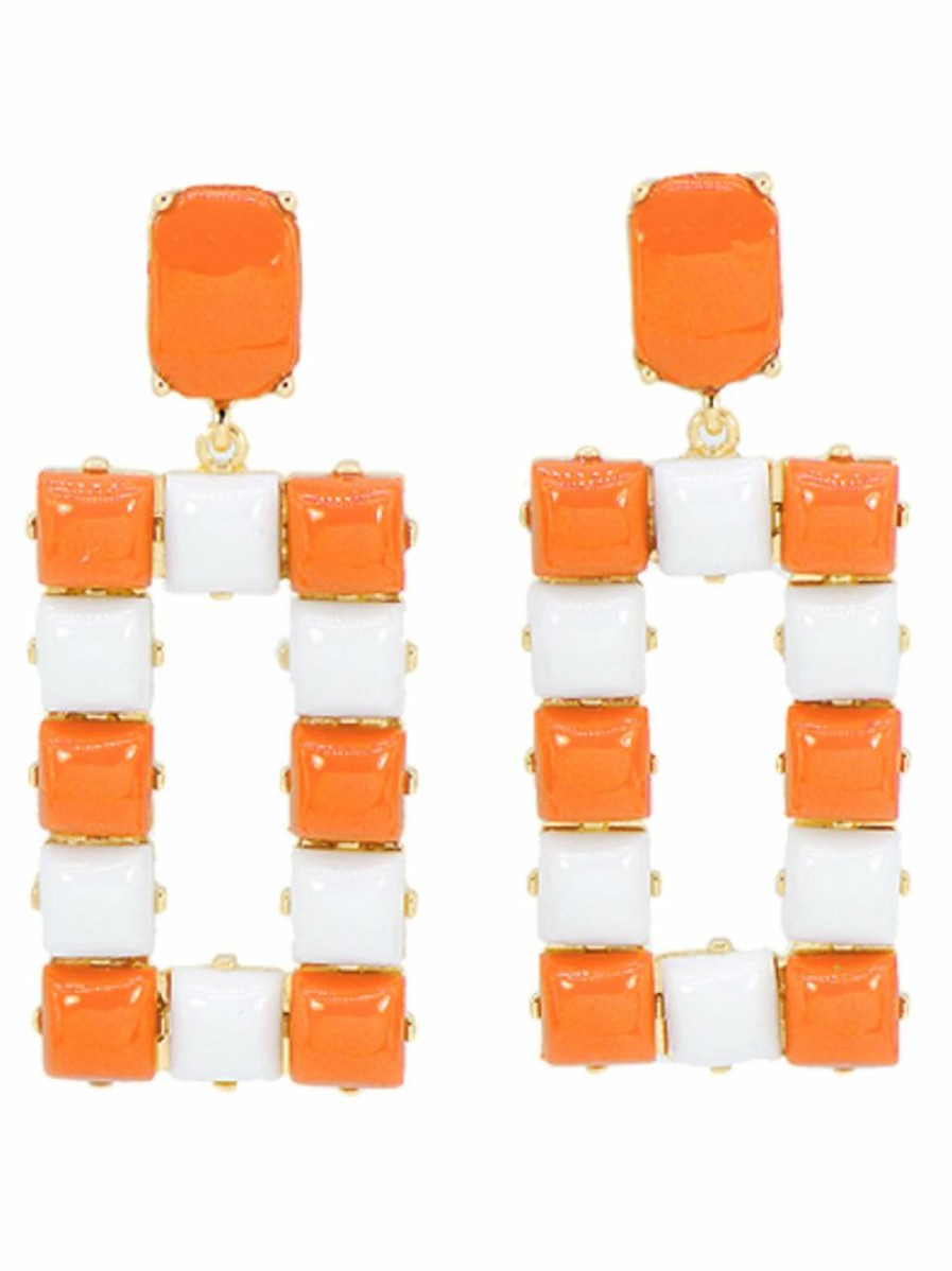 Gameday * | Brand New Golden Stella Orange And White Color Square Earrings Jewelry