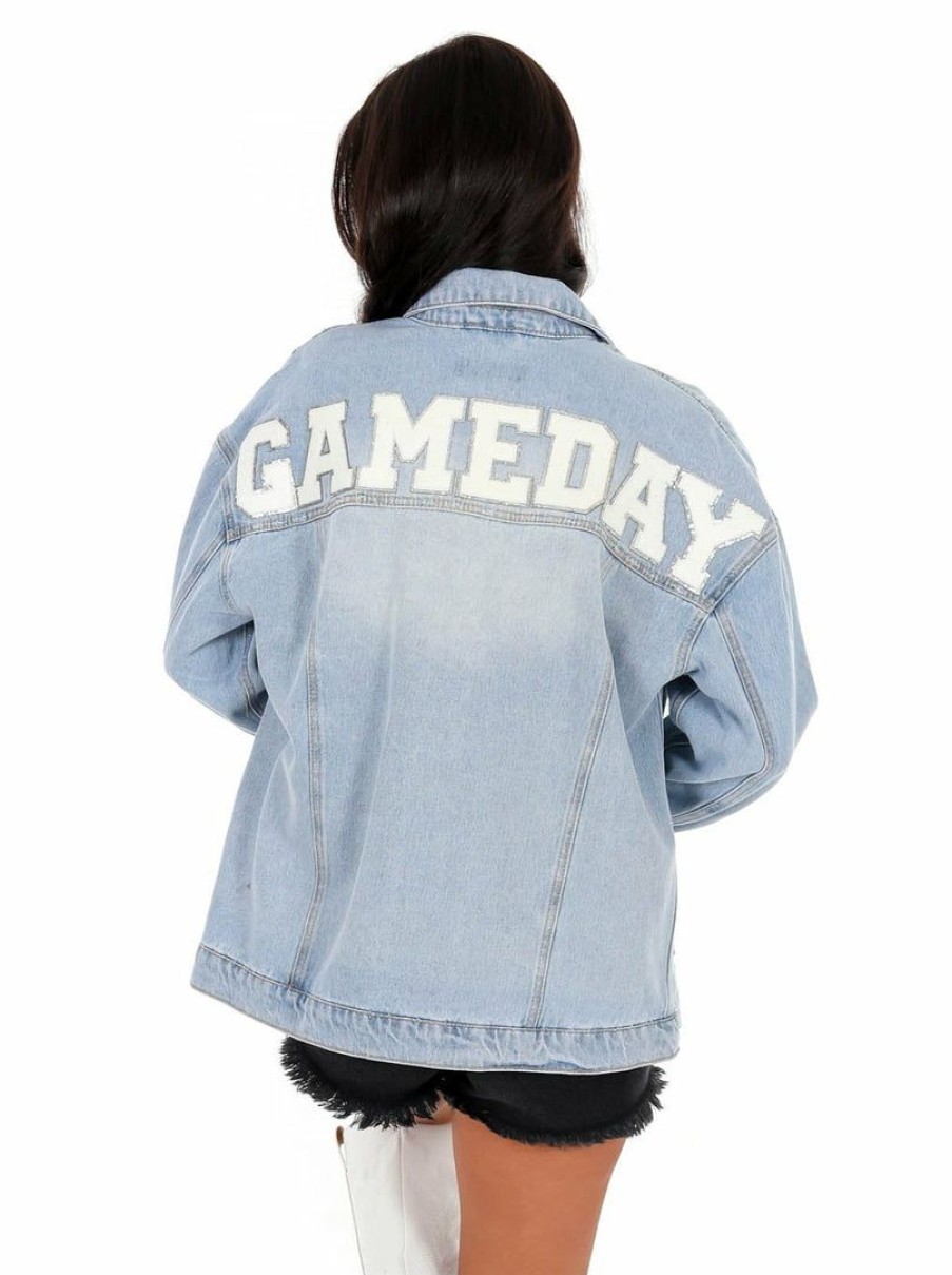 Gameday * | Buy Love Tree Chenille Gameday Denim Jacket Apparel Light Blue