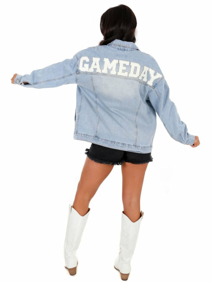 Gameday * | Buy Love Tree Chenille Gameday Denim Jacket Apparel Light Blue