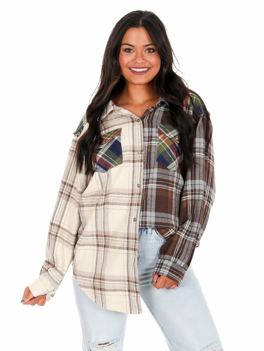 Clothing * | Outlet Pol According To You Mixed Flannel Top Chocolate/Navy