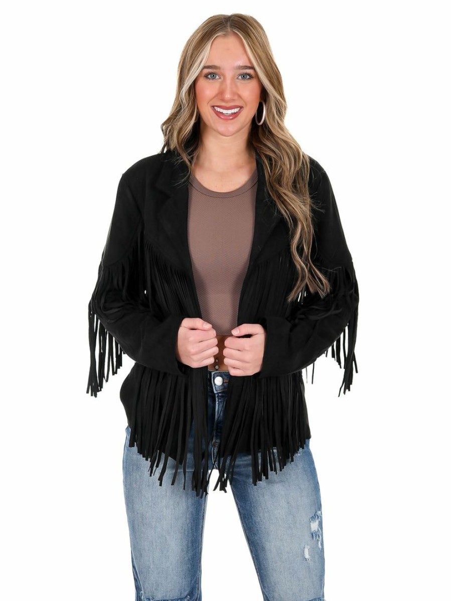 Clothing * | Best Pirce Umgee Broken Strings Suede Fringe Jacket Outerwear