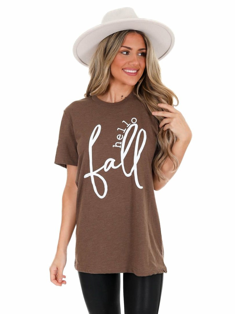 T-Shirts * | New Kissed Apparel Hello Fall Graphic Tee Holiday Tees Heather Brown