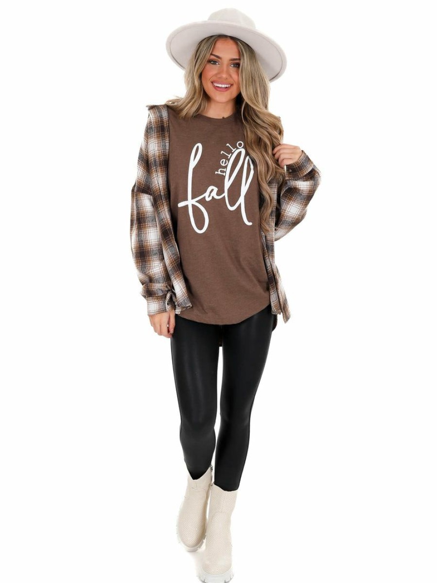 T-Shirts * | New Kissed Apparel Hello Fall Graphic Tee Holiday Tees Heather Brown