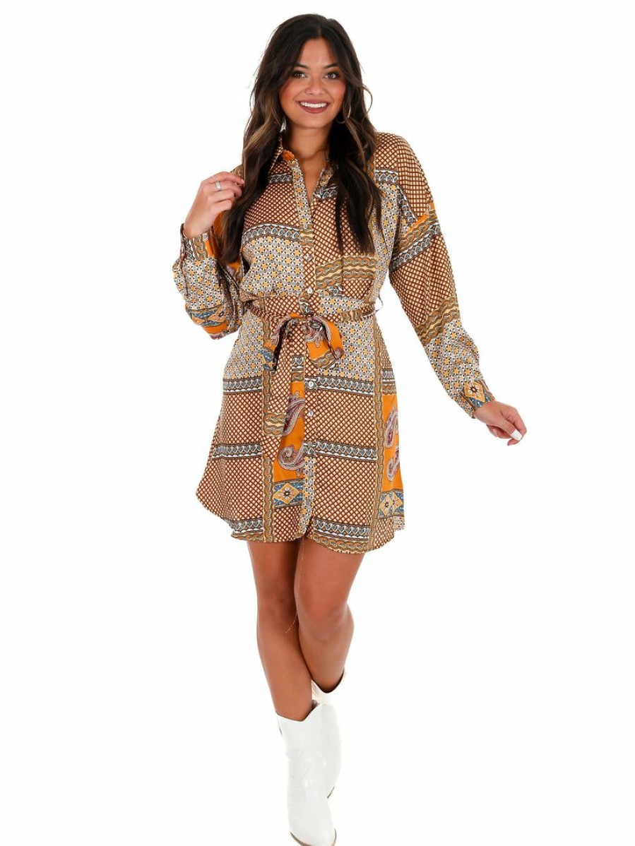 Clothing * | Top 10 She + Sky Dresses Looks So Perfect Print Button Down Dress Mustard