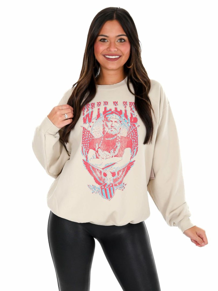 T-Shirts * | Cheapest Livy Lu Willie Nelson In Pink Thrifted Sweatshirt Sand