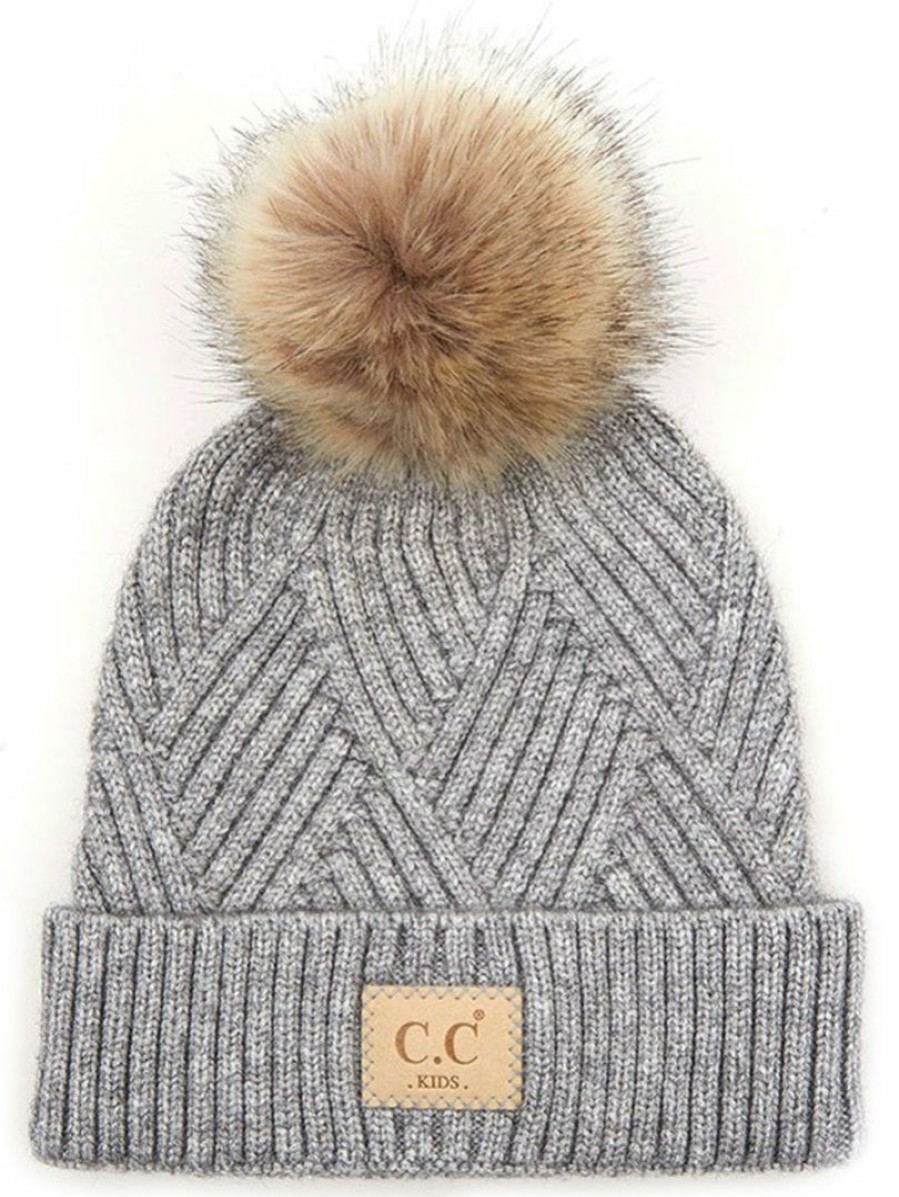 Gameday * | Wholesale Apparel C.C Collection Kids Light Melange Grey Diagonal Stripe Criss-Cross Knit Pom Beanie