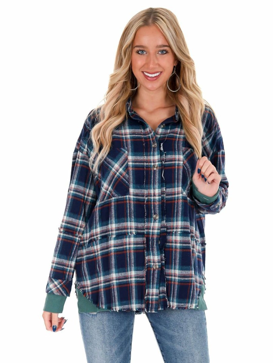 Clothing * | Deals Peach Love California Sweet Thing Plaid Button Up Top Tops Navy/Teal