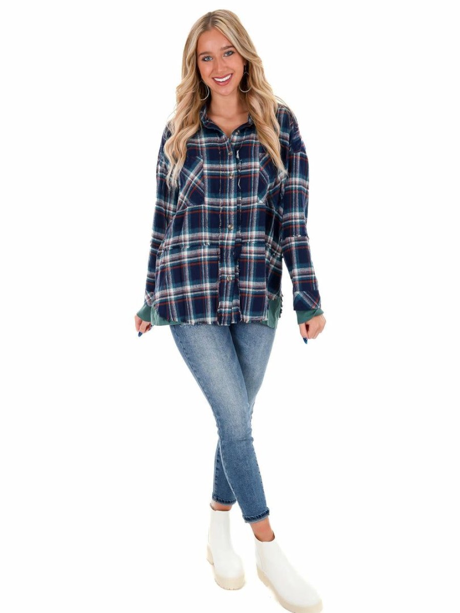 Clothing * | Deals Peach Love California Sweet Thing Plaid Button Up Top Tops Navy/Teal