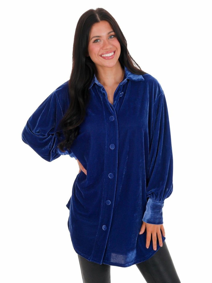 Clothing * | Discount Blue B Defying Gravity Velvet Button Up Signal Blue