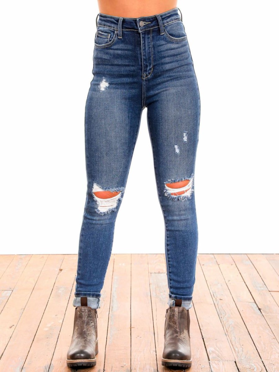 Clothing * | Hot Sale Apparel Bottoms For The Heart High Rise Destroy Ankle Skinny Jeans Dark