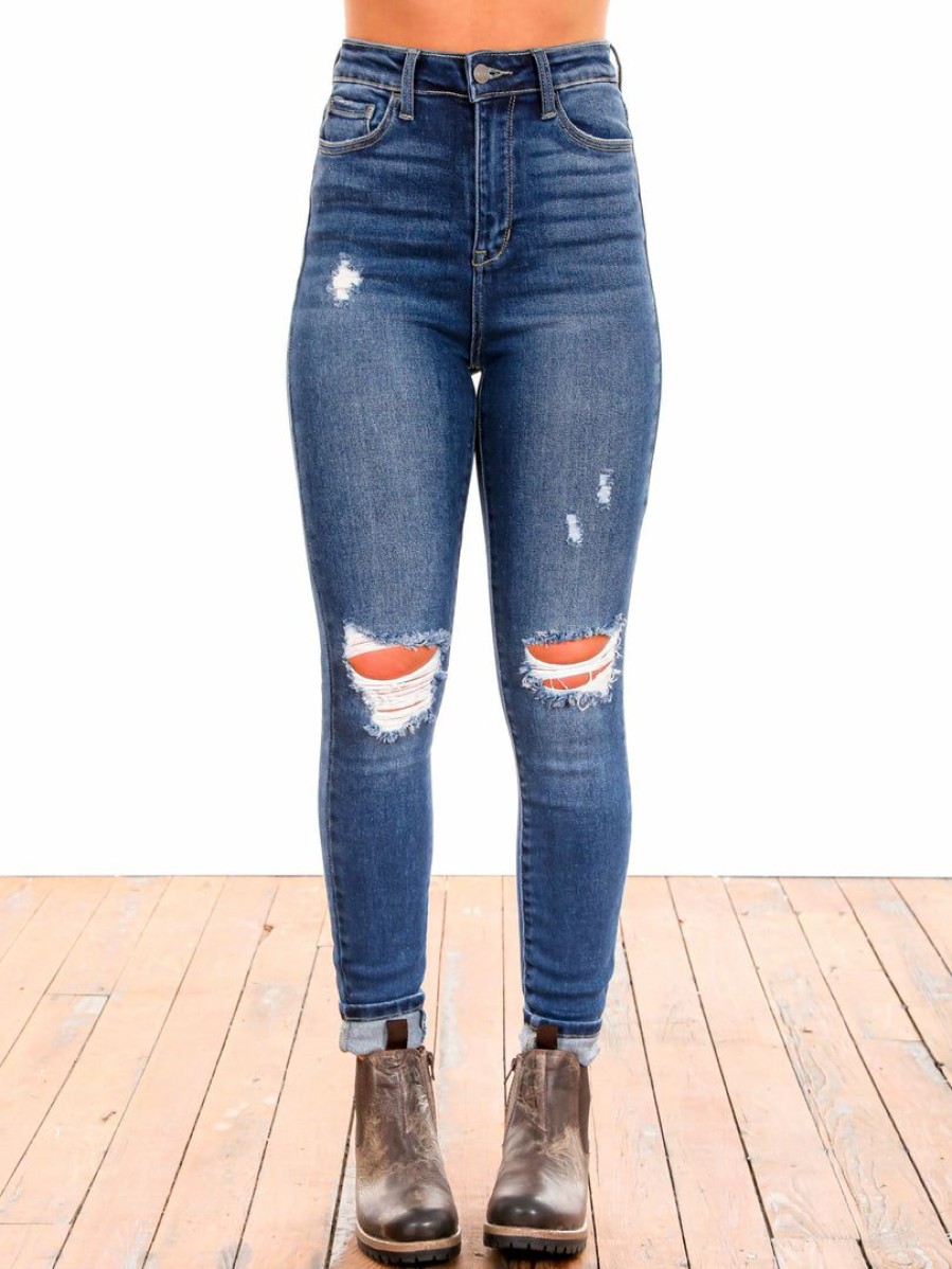 Clothing * | Hot Sale Apparel Bottoms For The Heart High Rise Destroy Ankle Skinny Jeans Dark