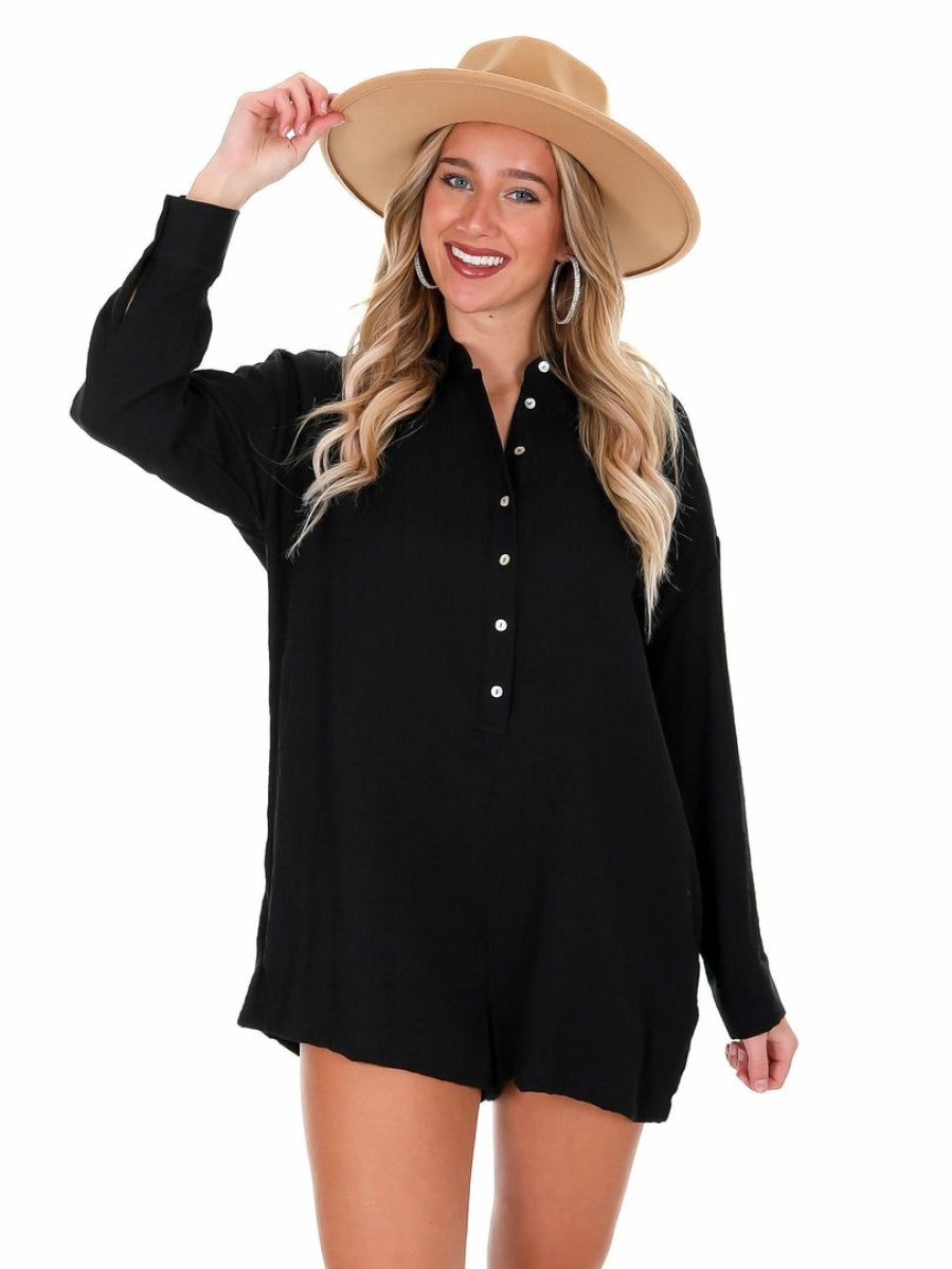 Clothing * | Cheap Illa Illa Playsuits Southern Girl Button Down Romper Black