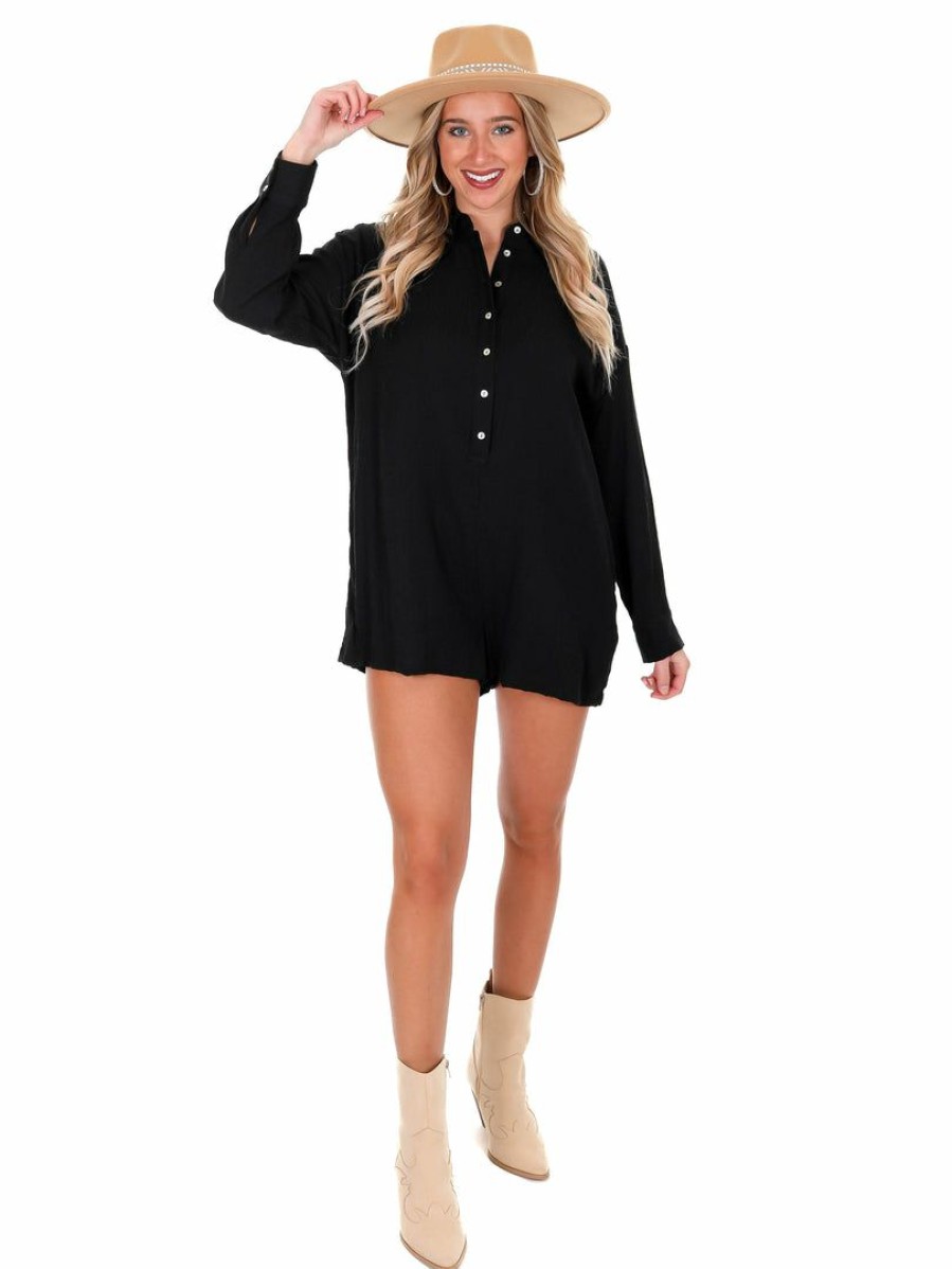 Clothing * | Cheap Illa Illa Playsuits Southern Girl Button Down Romper Black