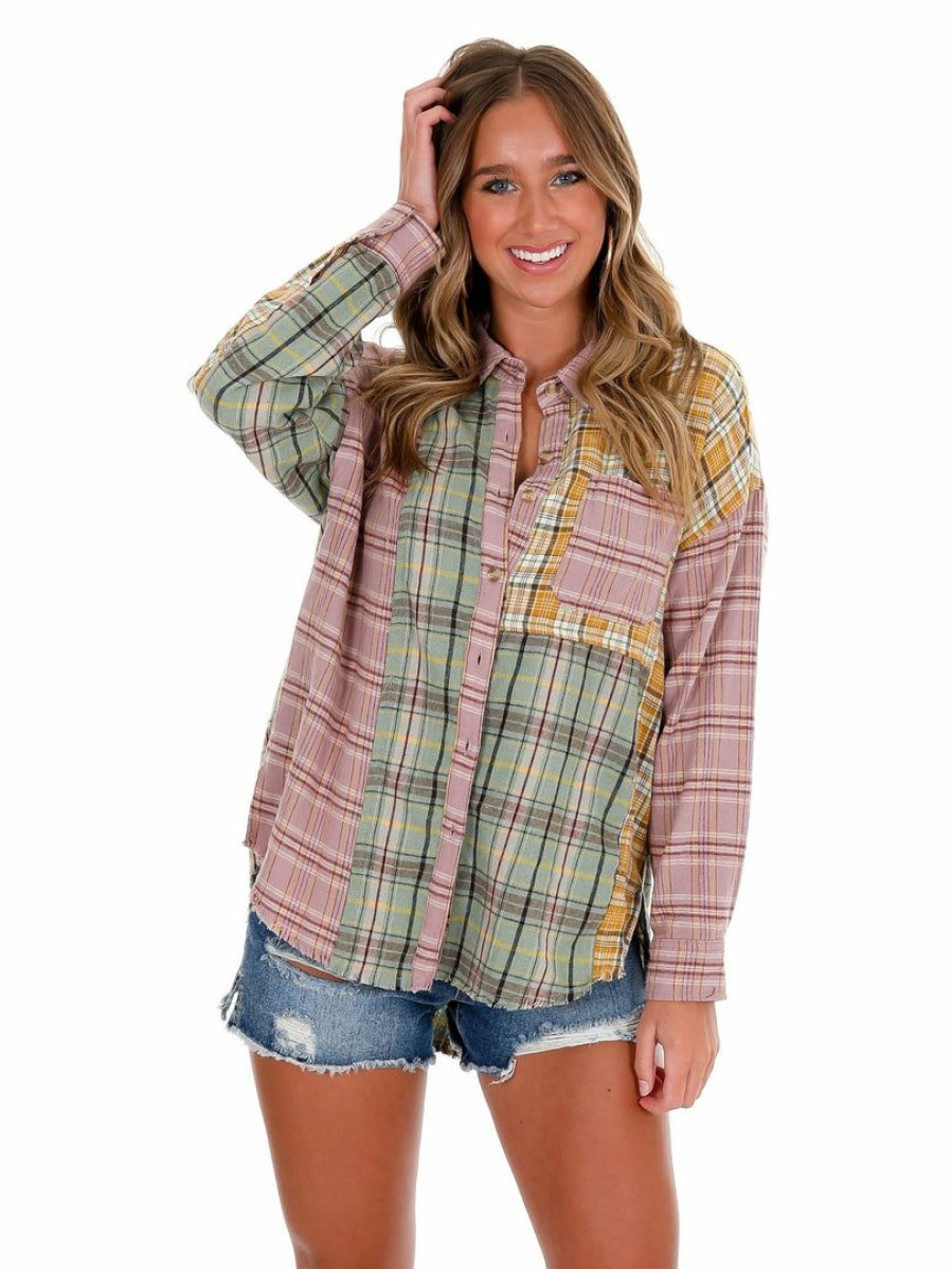 Clothing * | Wholesale Crescent Lesson In Love Patchwork Plaid Button Up Top Lavender