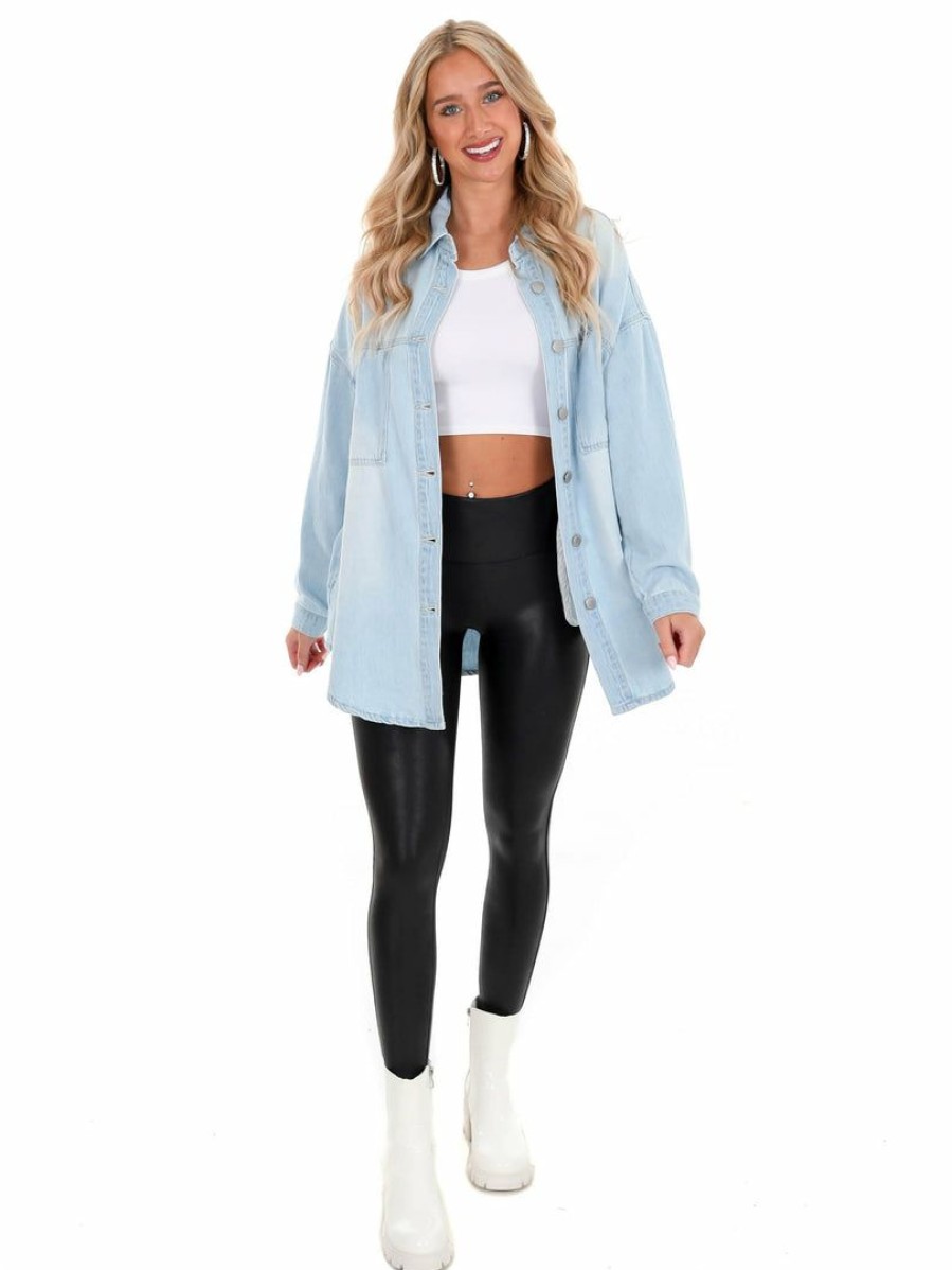 Clothing * | Flash Sale Risen Jeans Cuteness Overload Denim Shacket Tops