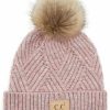 Gameday * | Coupon Accessories Kids Rose Diagonal Stripe Criss-Cross Knit Pom Beanie C.C Collection