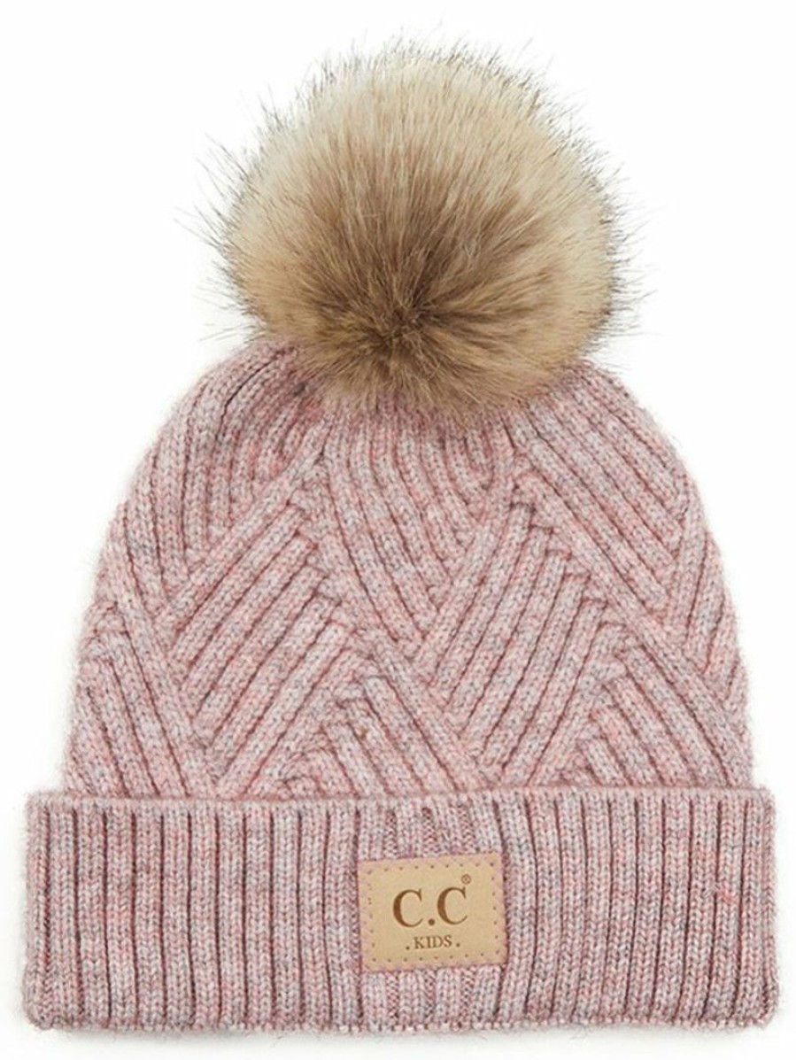 Gameday * | Coupon Accessories Kids Rose Diagonal Stripe Criss-Cross Knit Pom Beanie C.C Collection