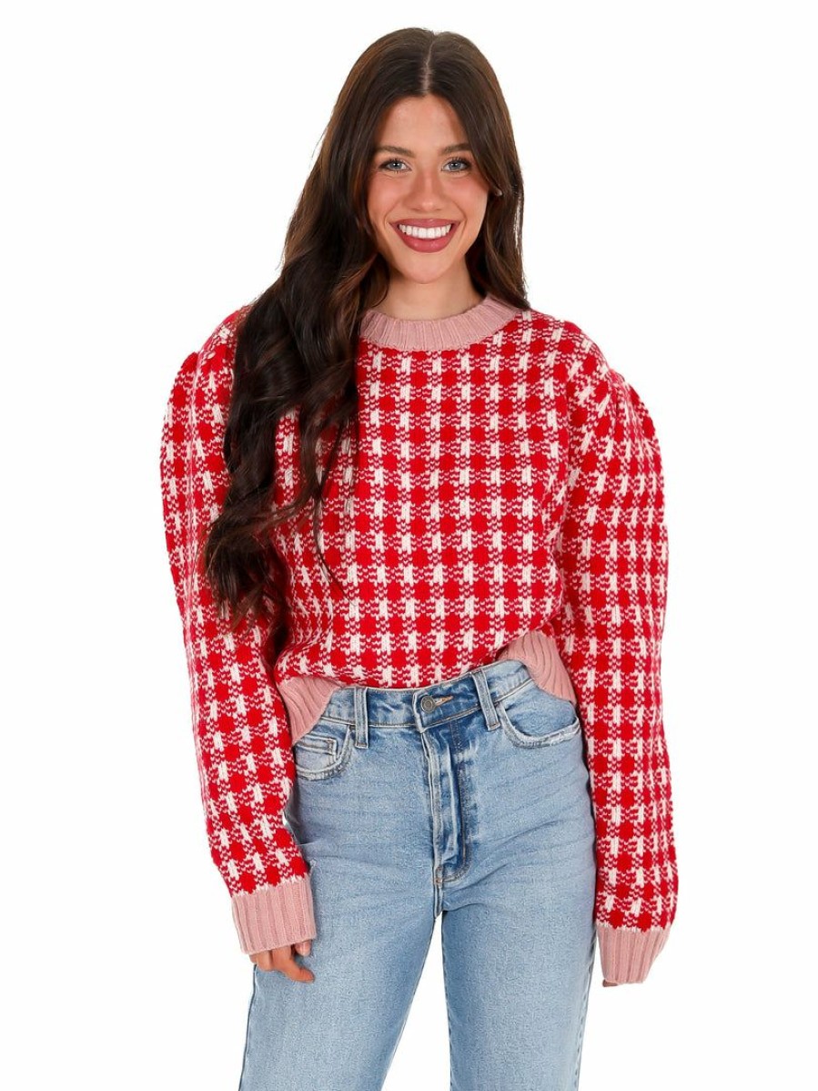 Clothing * | Best Reviews Of En Merci Every Morning Checkered Sweater Tops Red Multi