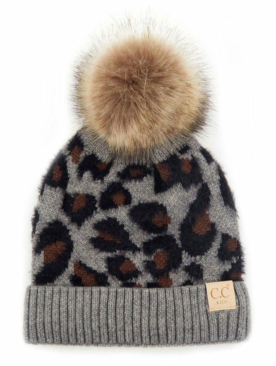 Gameday * | Discount Accessories Kids Light Melange Grey Leopard Print Faux Fur Pom Beanie C.C Collection