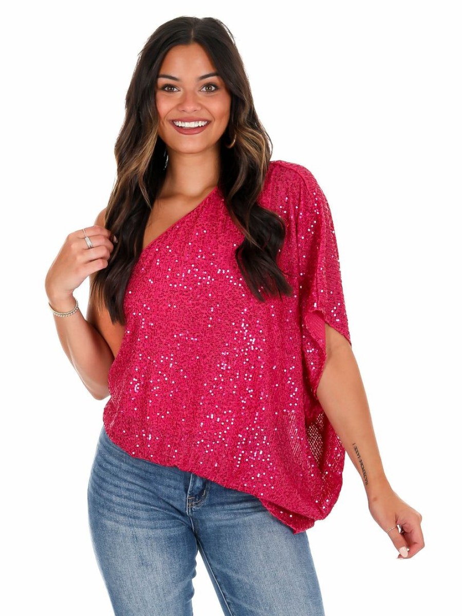 Clothing * | Brand New Main Strip Rise Up One Shoulder Sequin Top Fuchsia