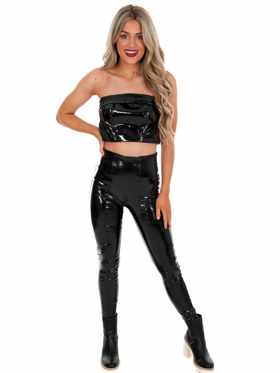 Clothing * | Discount Blue Blush Have You Heard Patent Leather Crop Top Black