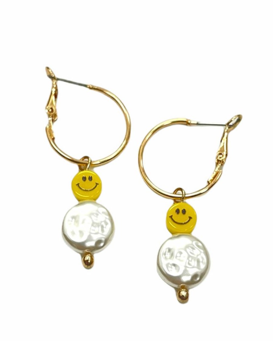 Gameday * | Promo Jewelry Small Smiley Face Pearl Hoops Earrings