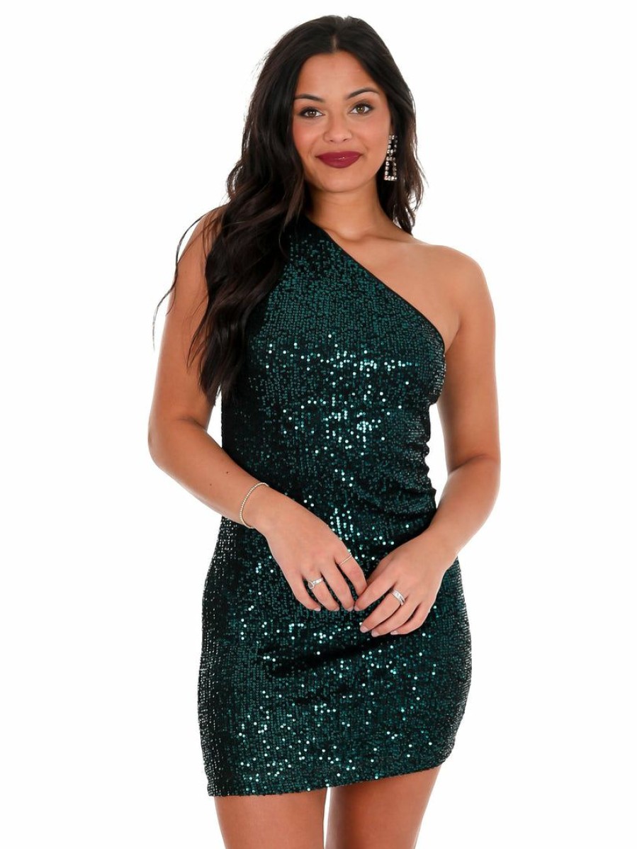 Clothing * | Deals She + Sky Dresses Am I Wrong Sequin One Shoulder Mini Dress Peacock