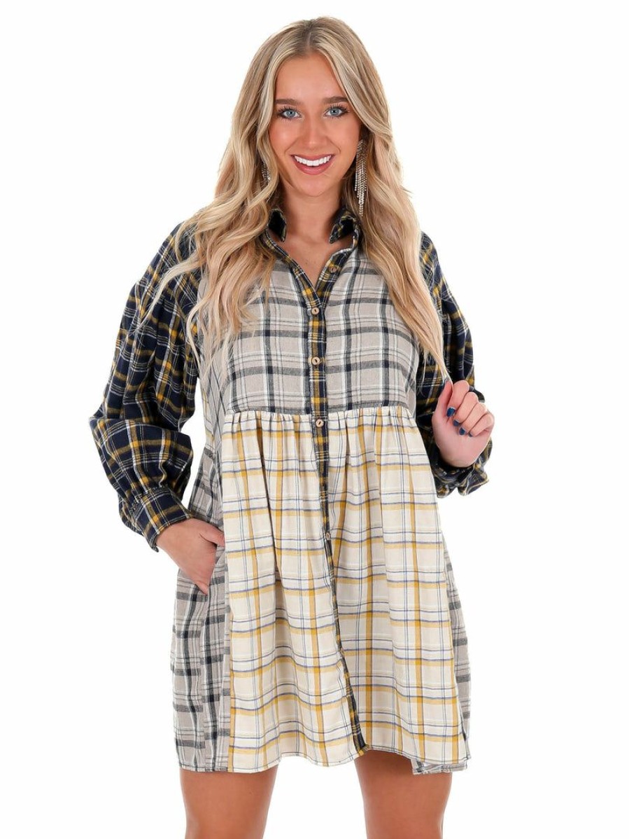 Clothing * | Cheap Peach Love California Ride Away Mixed Plaid Dress Dresses Navy/Taupe