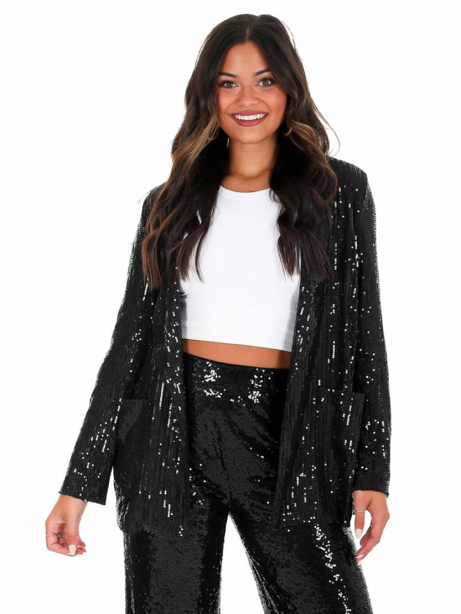 Clothing * | Hot Sale Main Strip Rhinestone Cowboy Sequin Jacket Black