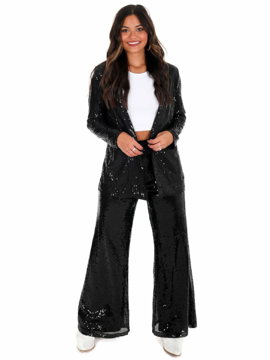 Clothing * | Hot Sale Main Strip Rhinestone Cowboy Sequin Jacket Black