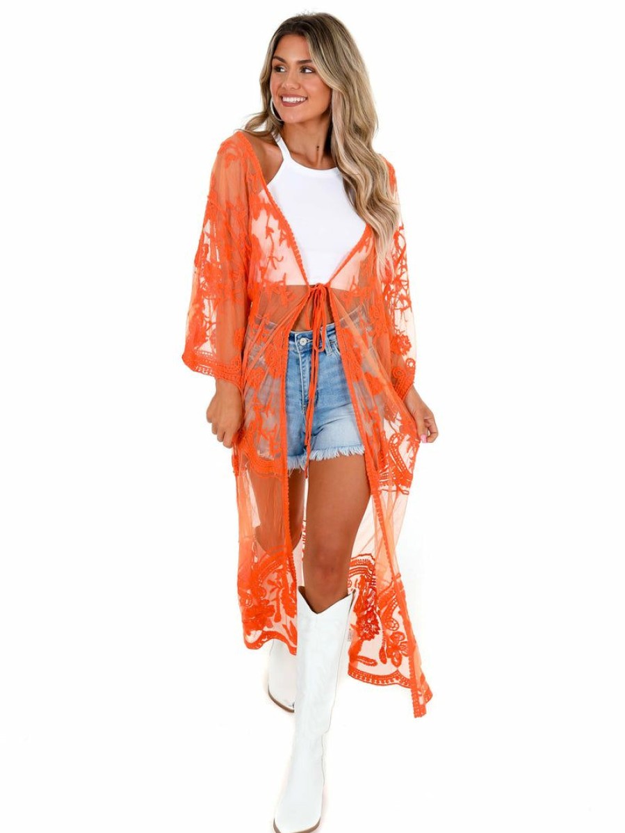 Gameday * | Best Deal Davi & Dani Go For It Sheer Lace Kimono Apparel Orange