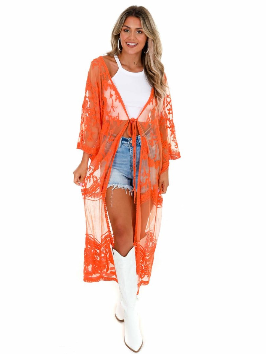 Gameday * | Best Deal Davi & Dani Go For It Sheer Lace Kimono Apparel Orange