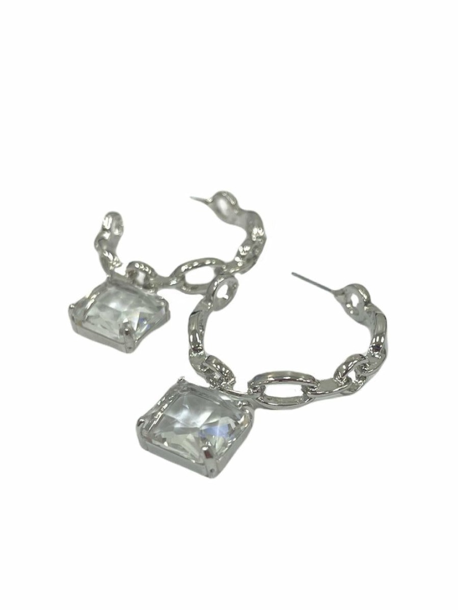 Gameday * | Best Deal Jewelry Chainlink Hoop With Square Pendant Earrings