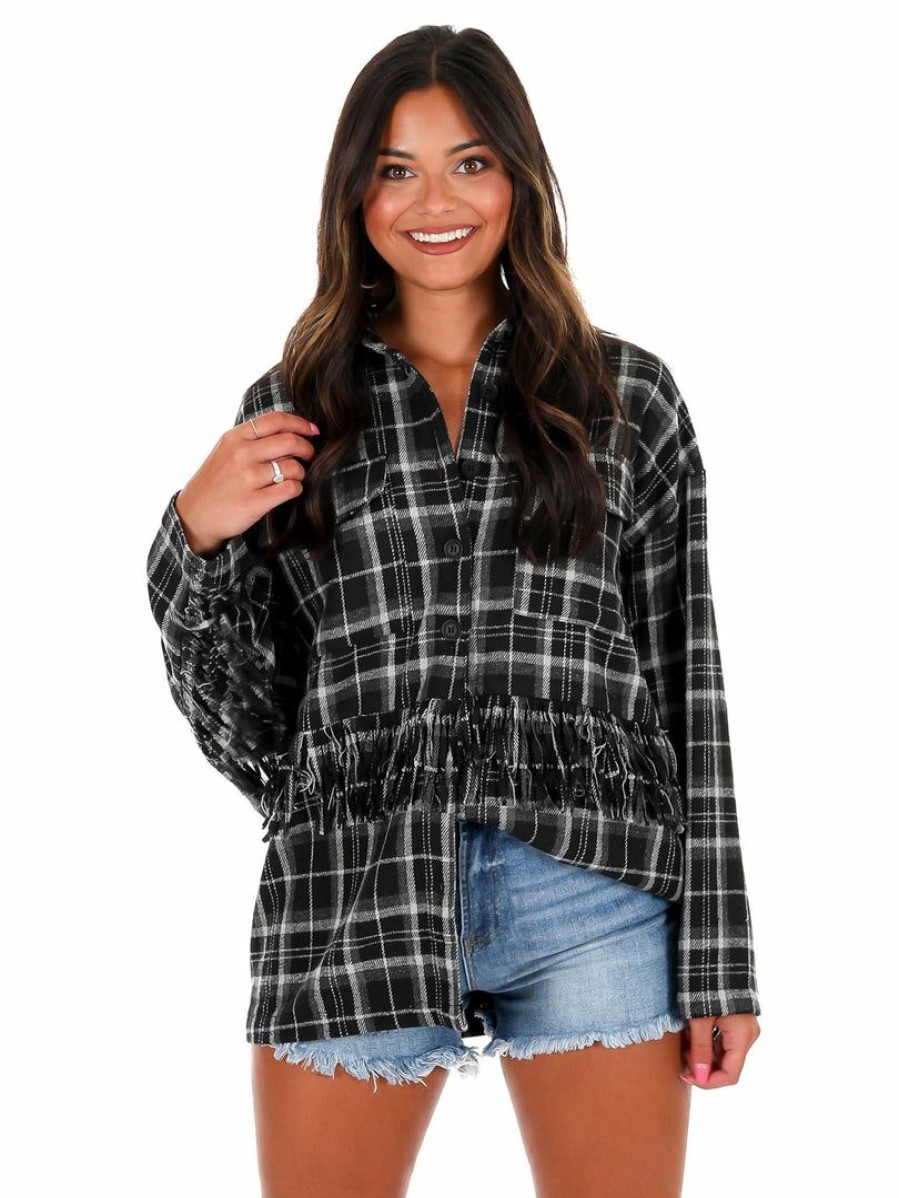 Clothing * | Brand New Blue Blush Tops Somebody For Me Plaid Fringe Shacket Black