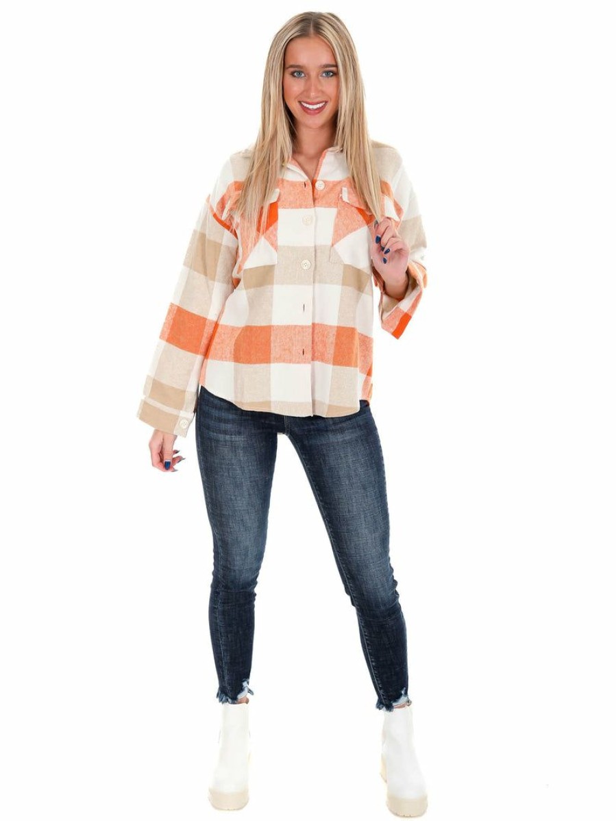 Gameday * | Budget Pinch Me Apparel Quarterback Plaid Shacket Orange