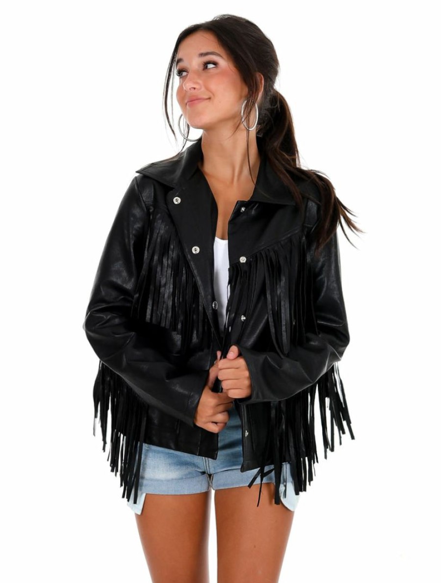 Clothing * | Deals Cloud Ten Outerwear Walk This Way Pleather Fringe Jacket Black