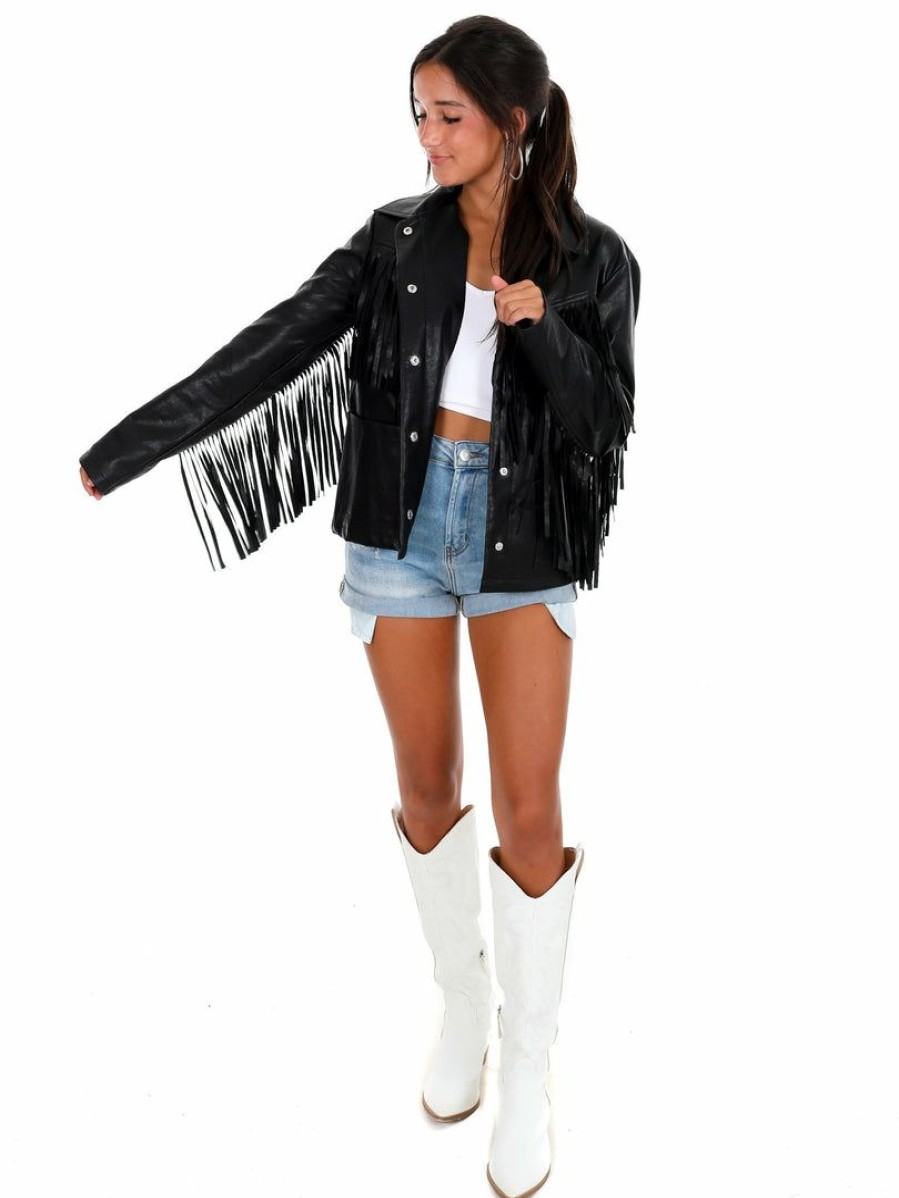 Clothing * | Deals Cloud Ten Outerwear Walk This Way Pleather Fringe Jacket Black