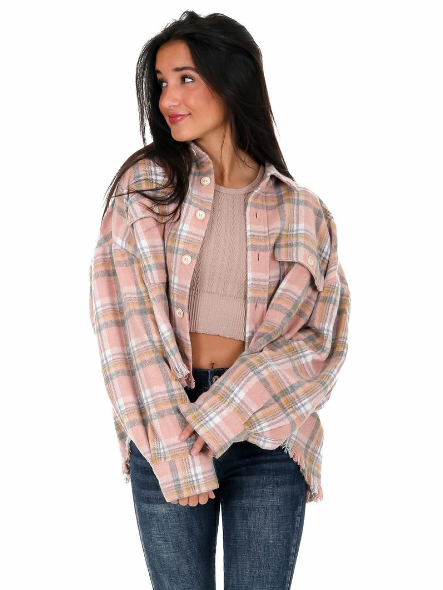 Clothing * | Best Deal Mable Love Like Mine Plaid Crop Shacket Pink