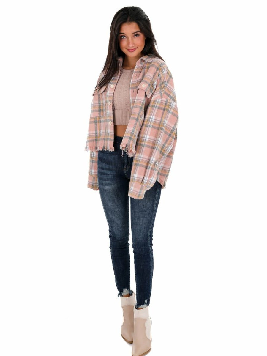 Clothing * | Best Deal Mable Love Like Mine Plaid Crop Shacket Pink