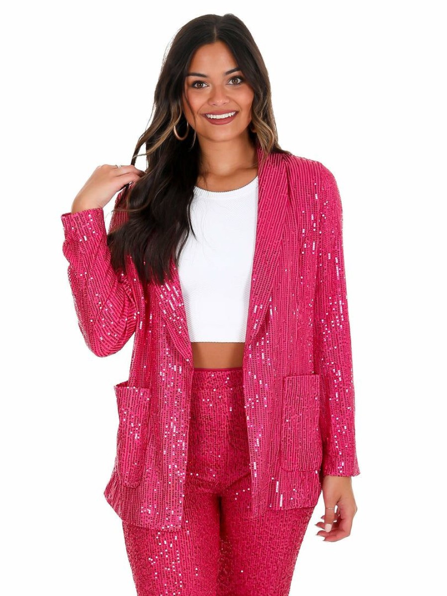 Clothing * | Top 10 Main Strip Tops Rhinestone Cowboy Sequin Jacket Fuchsia