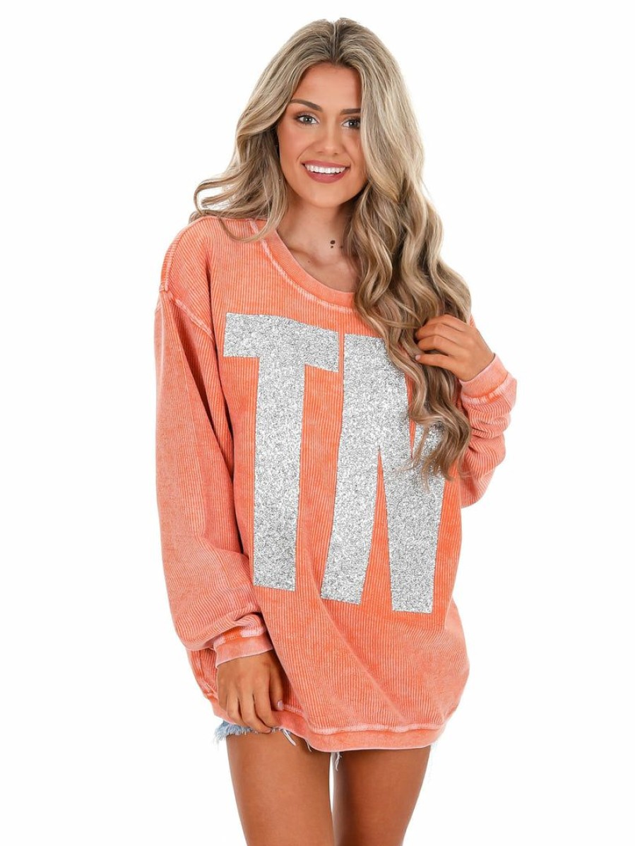 Gameday * | Flash Sale Josie'S Boutique Oversized Silver Glitter Tn Corded Pullover Orange