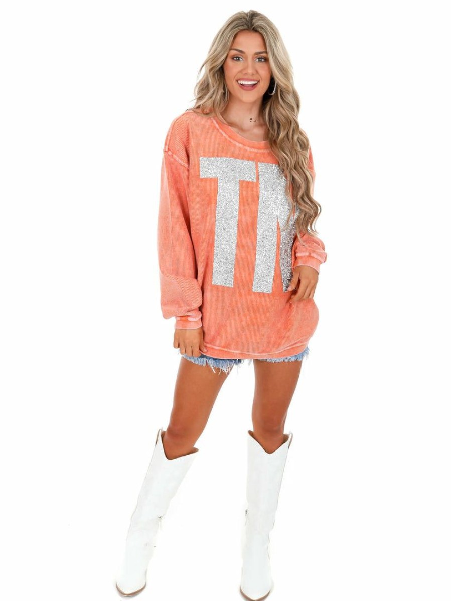 Gameday * | Flash Sale Josie'S Boutique Oversized Silver Glitter Tn Corded Pullover Orange