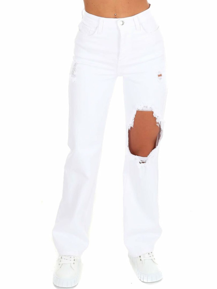 Clothing * | Hot Sale Vibrant Hey There Distressed Straight Leg Jeans Bottoms White