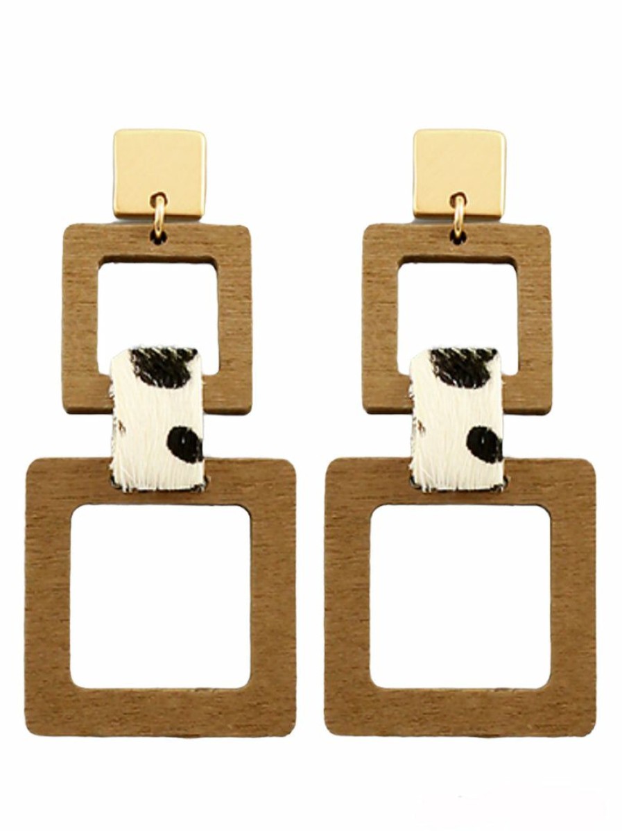 Gameday * | Outlet Jewelry Wood 2 Square & Leather Earrings