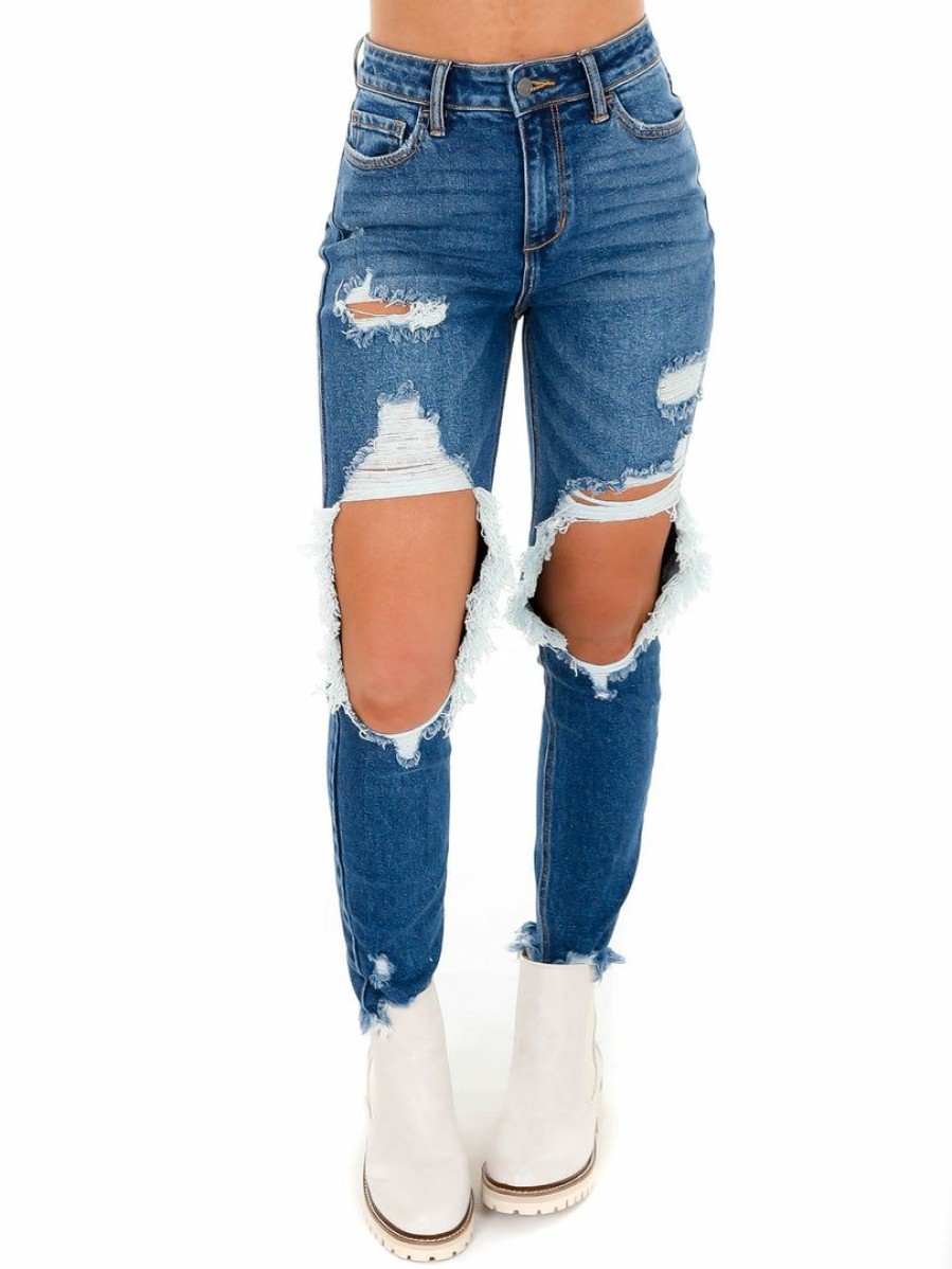 Clothing * | Discount Cello Step Up Medium High Rise Cut Out Skinny Jean Medium Denim