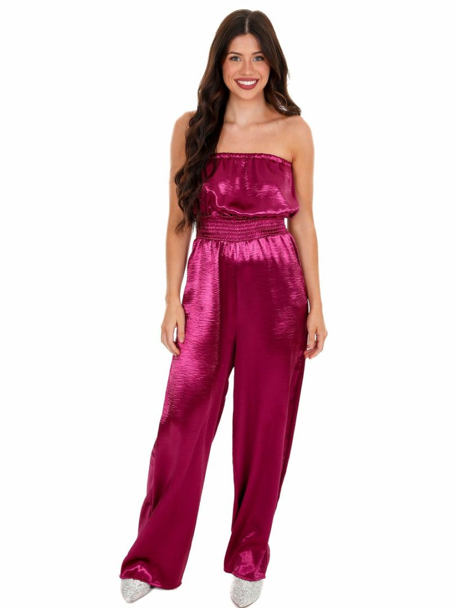 Clothing * | Discount She + Sky Playsuits Anywhere With You Satin Jumpsuit