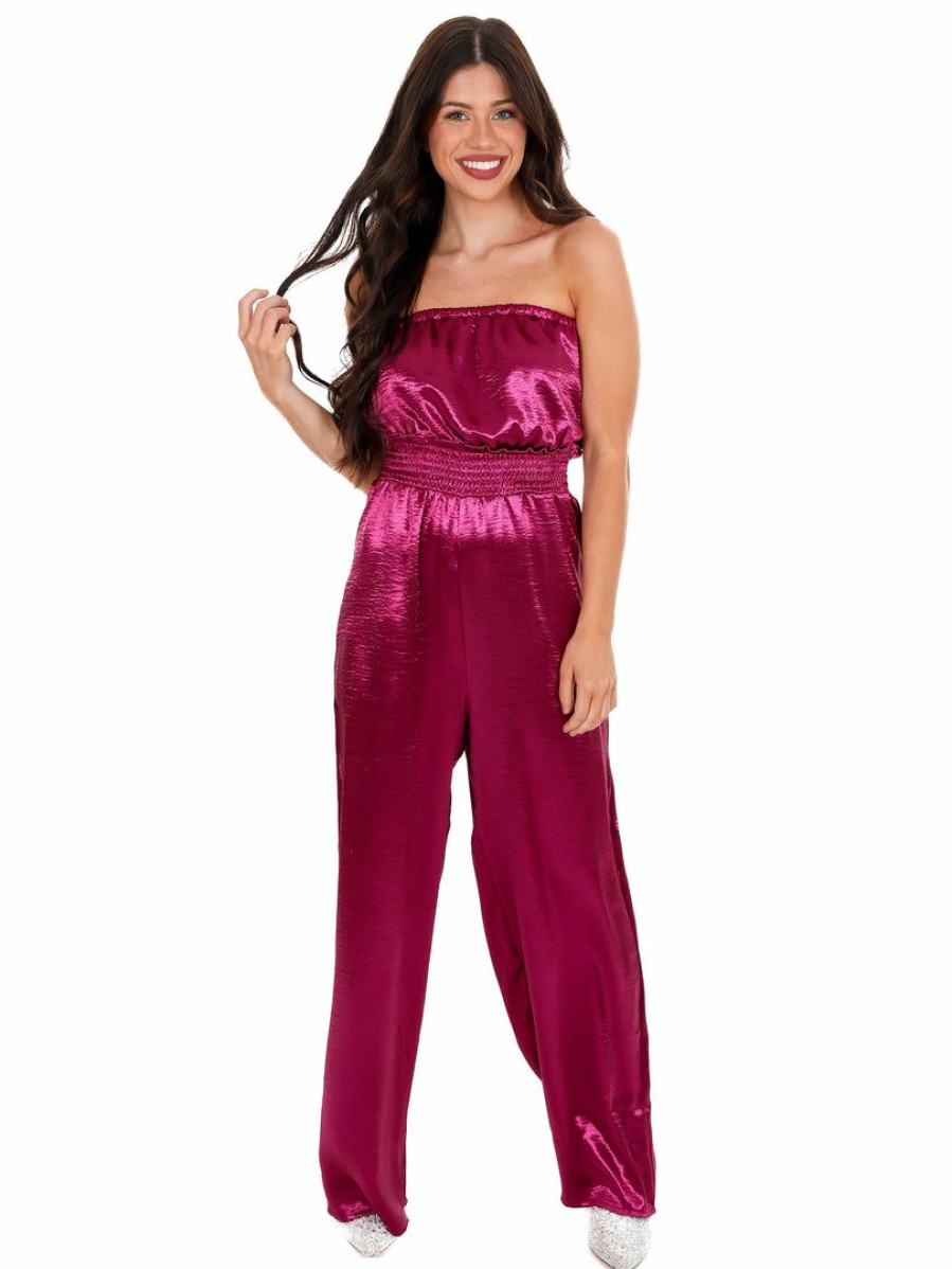 Clothing * | Discount She + Sky Playsuits Anywhere With You Satin Jumpsuit