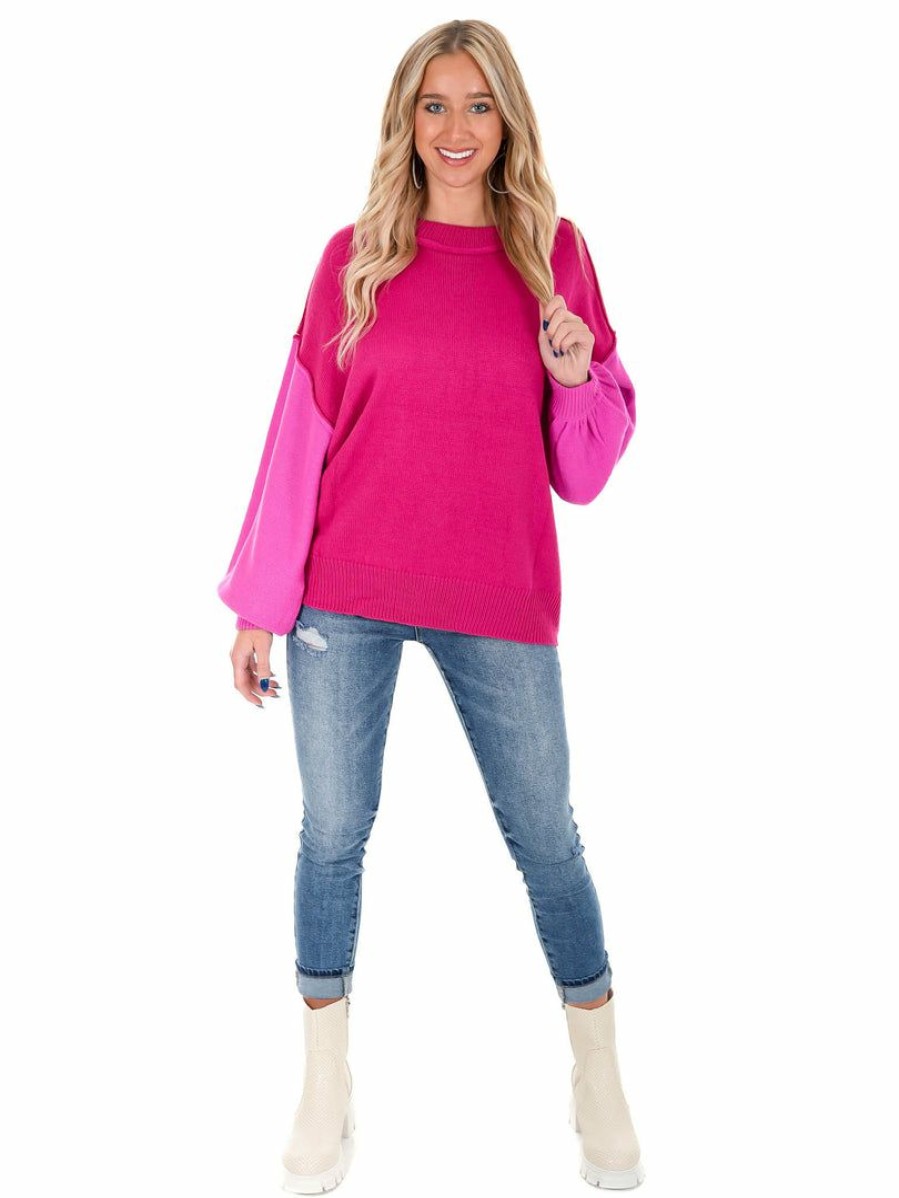 Clothing * | Discount She + Sky Just For Me Magenta Colorblock Sweater Tops Magenta Pink