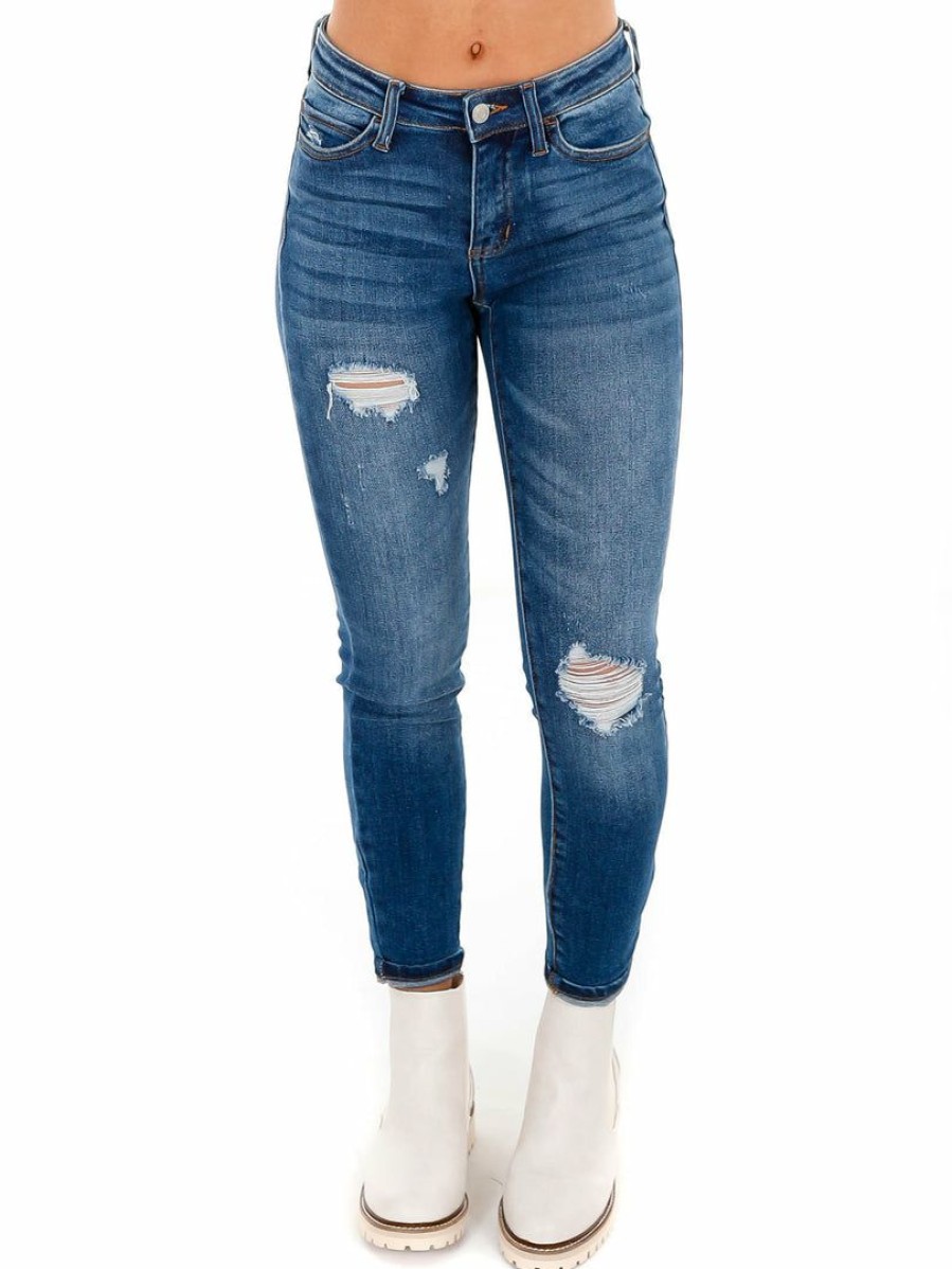 Clothing * | Deals Cello Compliments Mid Rise Ankle Skinny Jean Dark