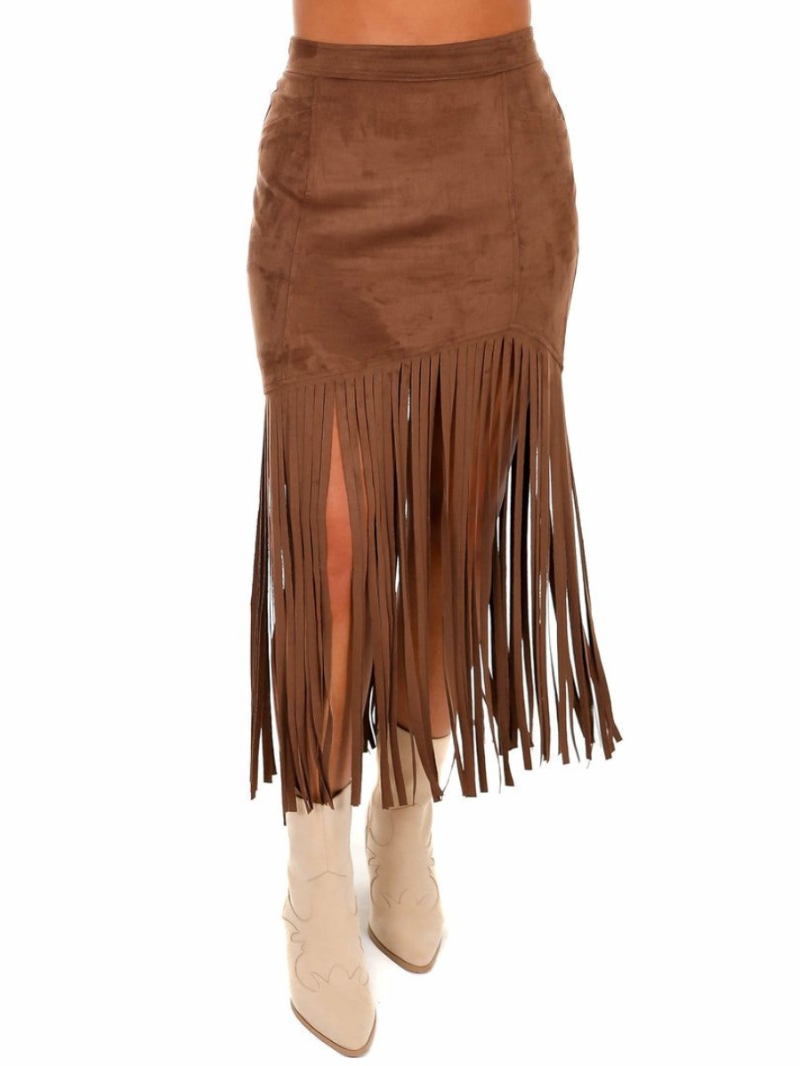 Clothing * | Brand New She + Sky Bottoms Compass Suede Fringe Skirt Brown